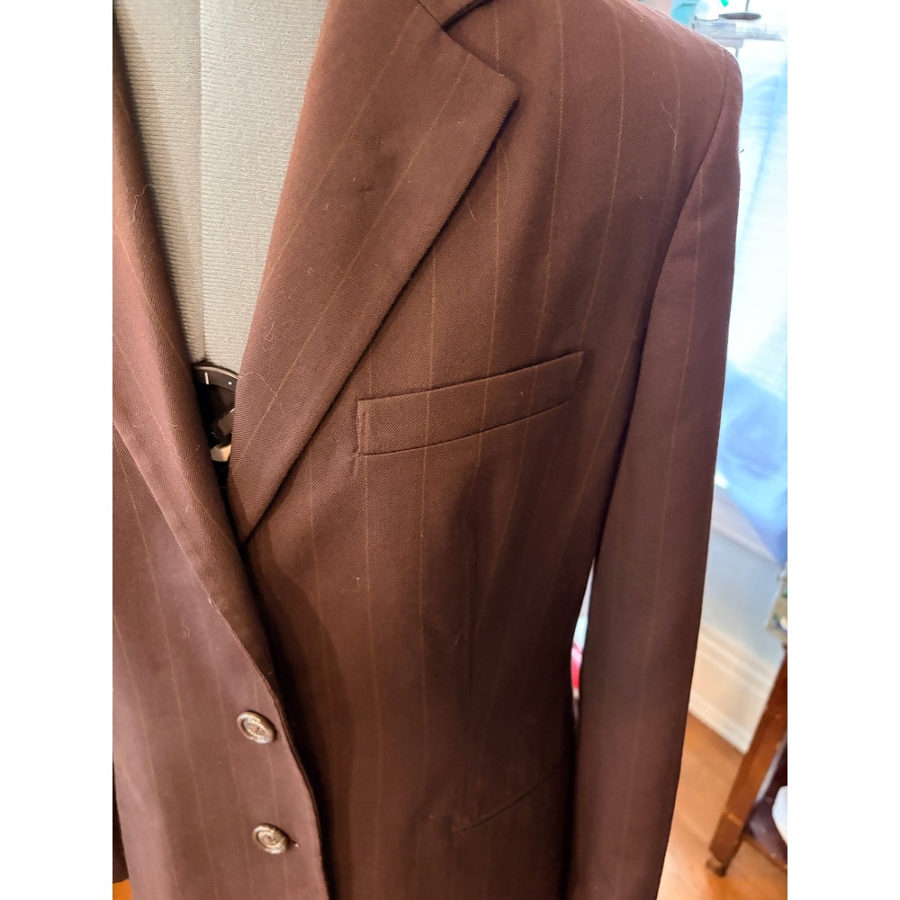 CHAPS Blazer 8 Brown Pinstripe 100% Wool Three-Button Dark Academia Professional - Picture 3 of 11